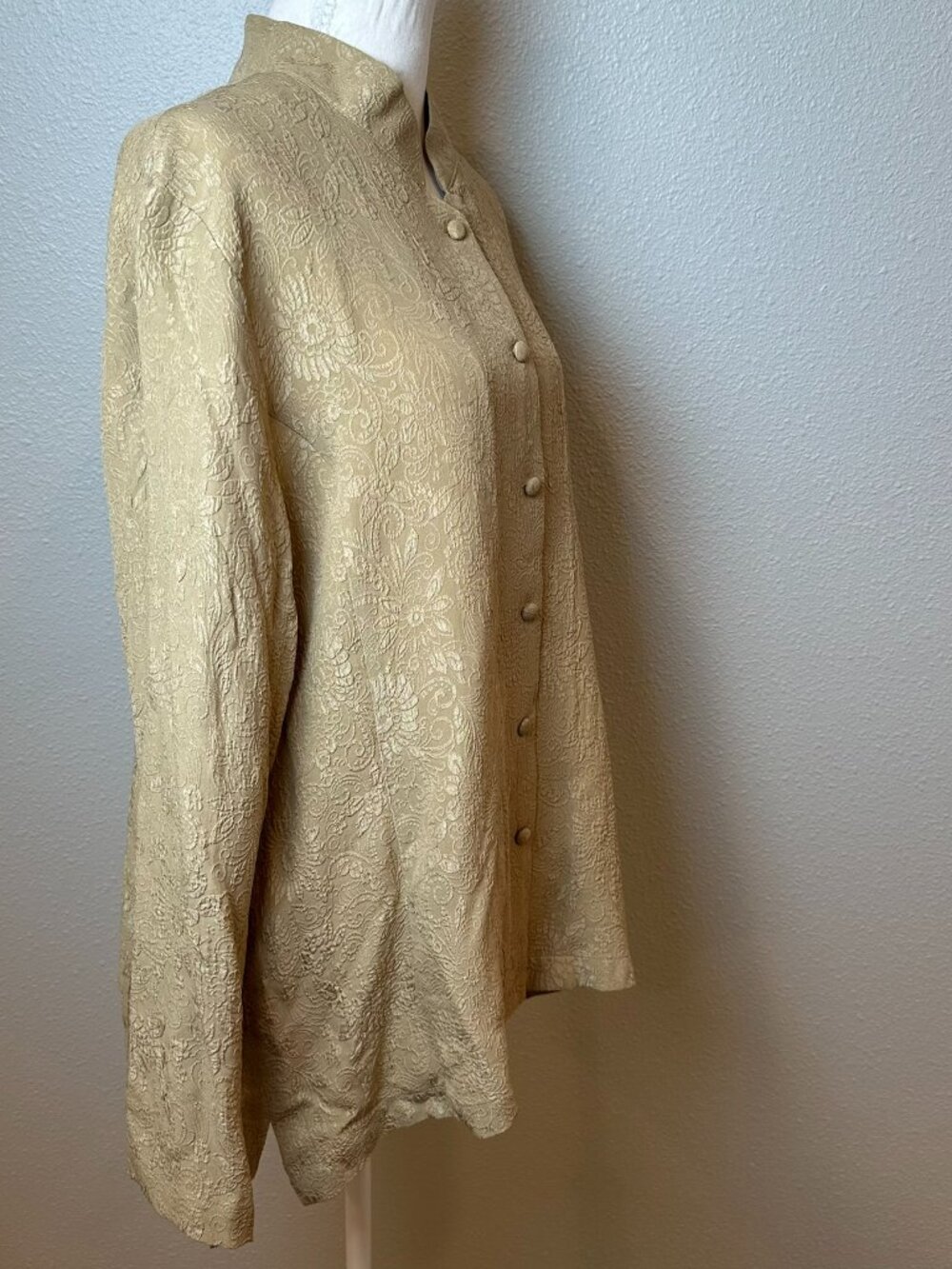 VTG Orvis 100% Silk Jacquard Mandarin Collar Tunic Blouse Beige Gold Plus 20 - Picture 4 of 9